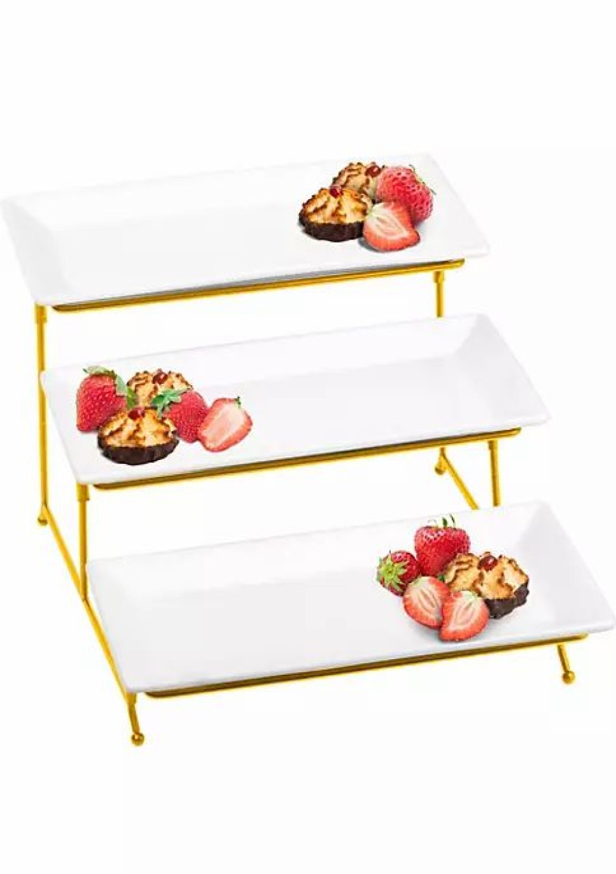 Home * | Cheap Lexi Home 3-Tier Classic Rectangular Serving Platter Three-Tiered Cupcake Tray Stand Gold Rack