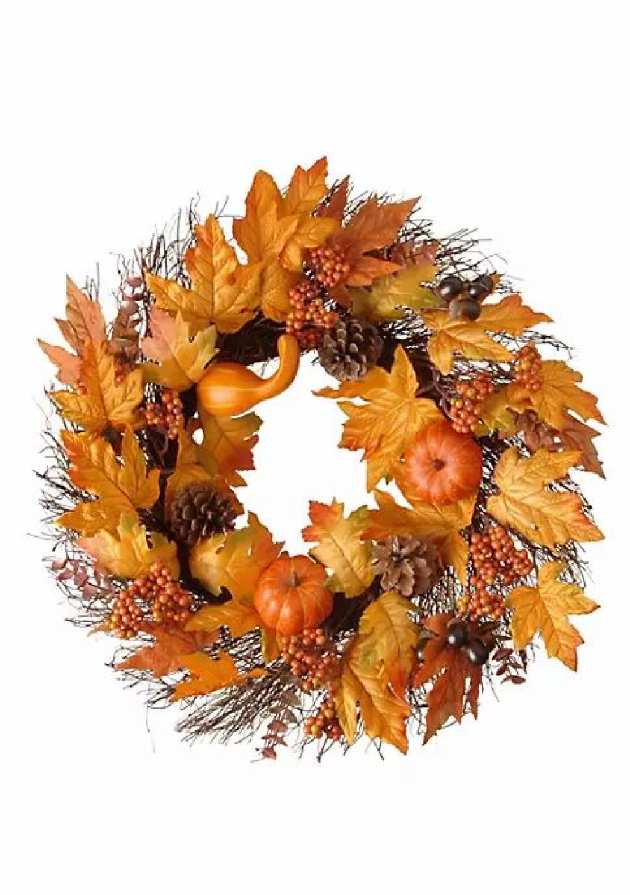 Home * | Discount National Tree Maple Leaves And Pumpkins Halloween Wreath And Yellow 24-Inch Orange