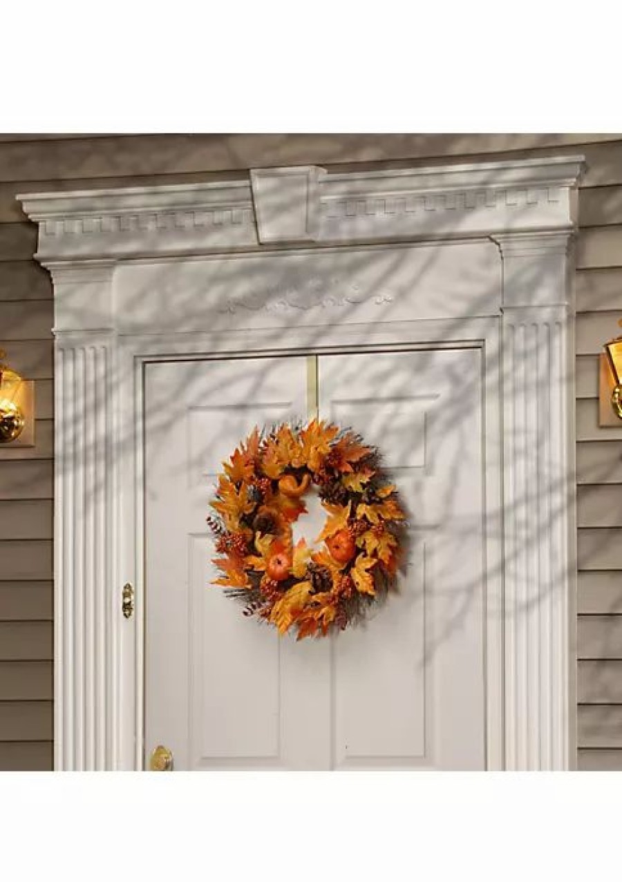 Home * | Discount National Tree Maple Leaves And Pumpkins Halloween Wreath And Yellow 24-Inch Orange