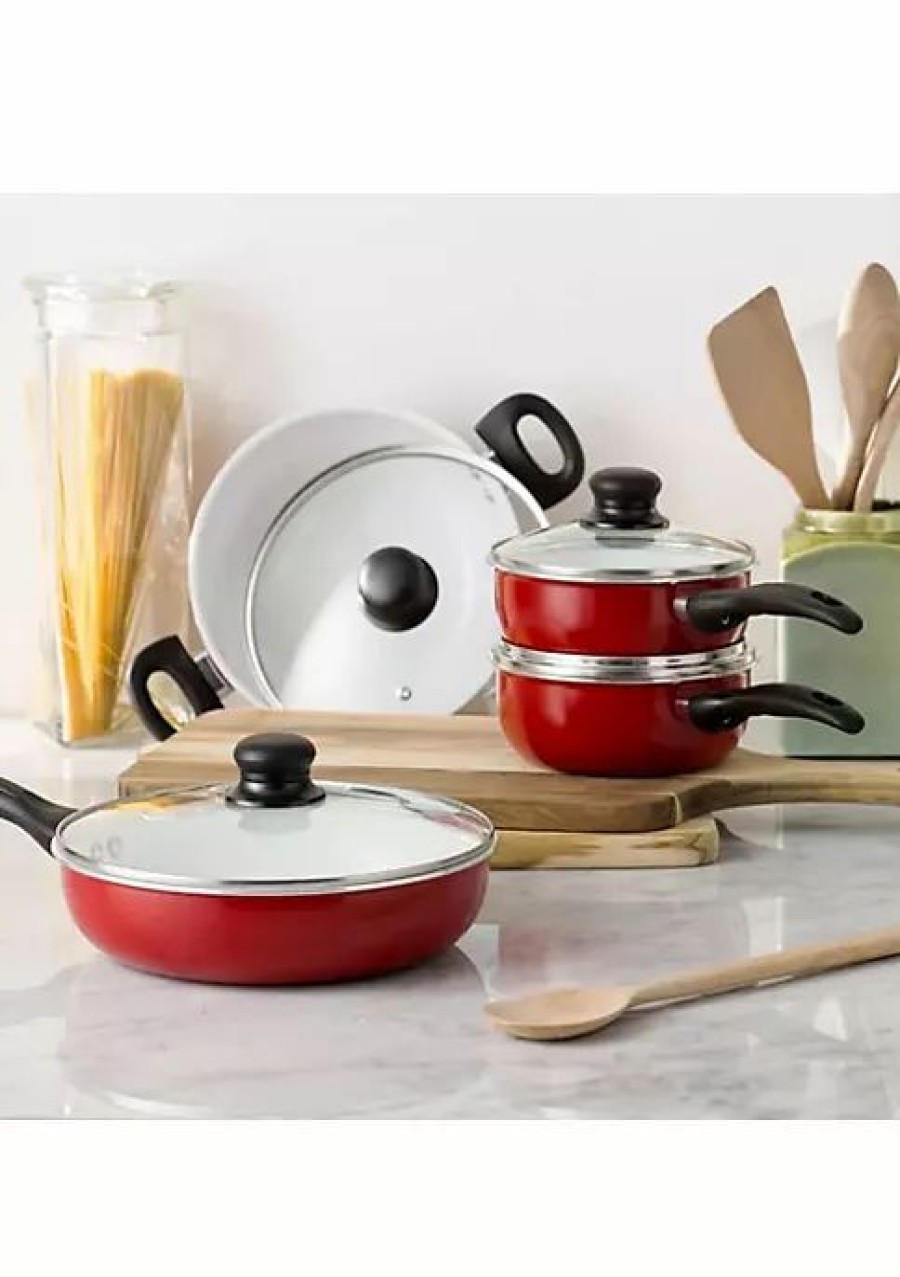 Home * | Cheapest Lexi Home 8 Piece Thermal Conducting Aluminum Non-Stick Cookware Set Red/White