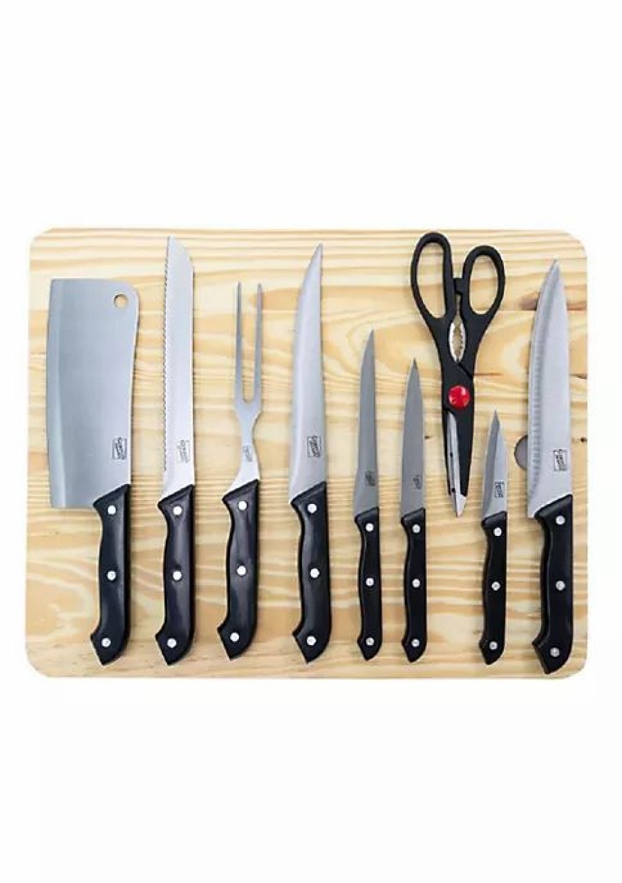 Home * | Discount Lexi Home 10 Piece Cutlery Set With Jumbo Wooden Cutting Board Natural/Black