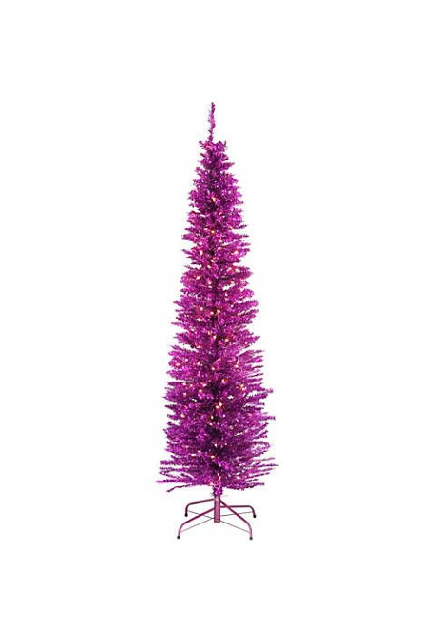 Trees * | Outlet National Tree 6 Pre-Lit Pencil Tinsel Artificial Christmas Tree Clear Lights Pink